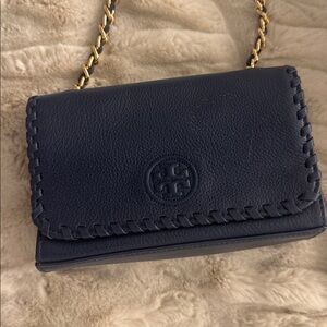 Tory Burch Blue Leather Marion Crossbody Bag small size navy blue